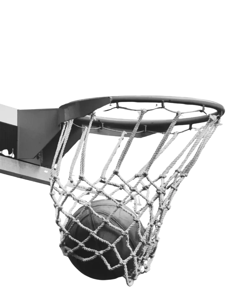 Black and white image of a basketball inside a net
